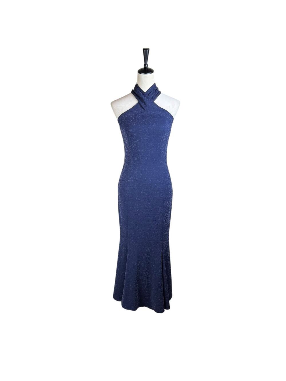 Tahari ASL Navy Sparkle Crossover Halter Slim Maxi Formal Cocktail Dress Gown - Picture 1 of 9